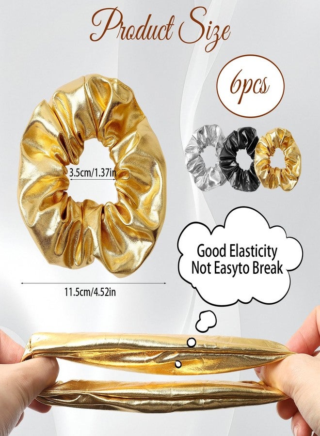 LUSTRIB 6 Pcs Hair Scrunchies, Shiny PU Leather Hair Ties for Women & Girls, Elastic Glam Hair Accessories for Cheerleading Teen Girls College Sports Ponytail & Daily Use, Gold, Silver, Black - Image 2